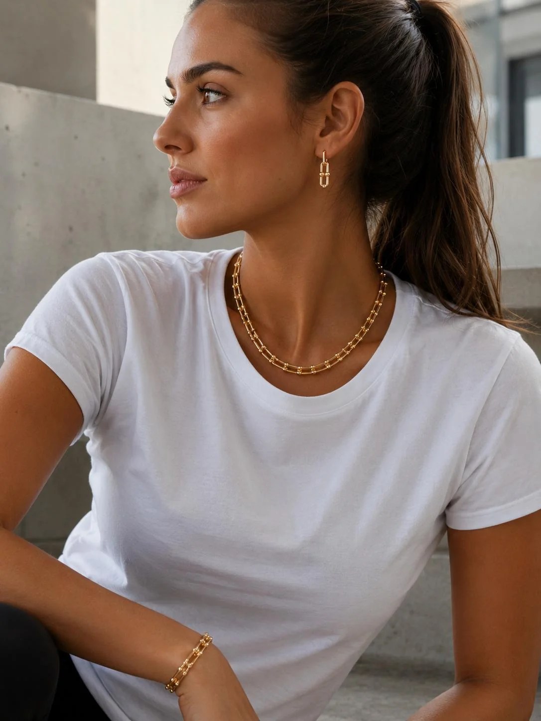 Modella MATHYLDIS con collana, bracciale e orecchini oro